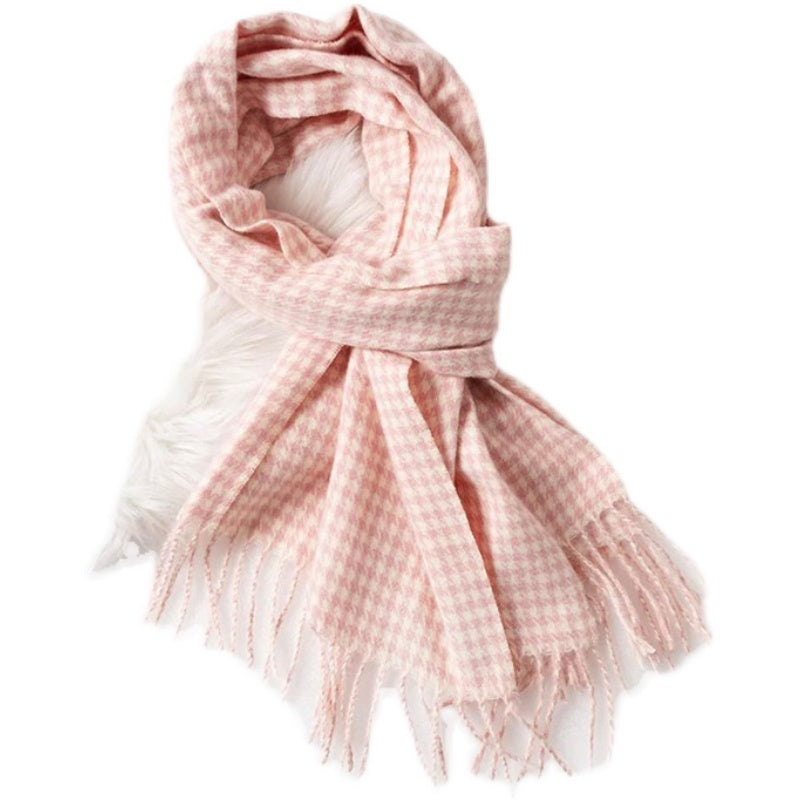 Gentle Houndstooth Fringe Wool Scarf