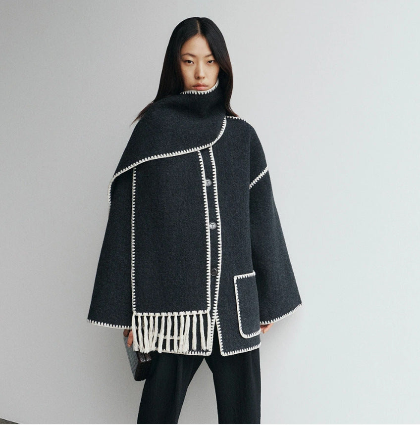 Loose Silhouette Lamb Wool Scarf Coat